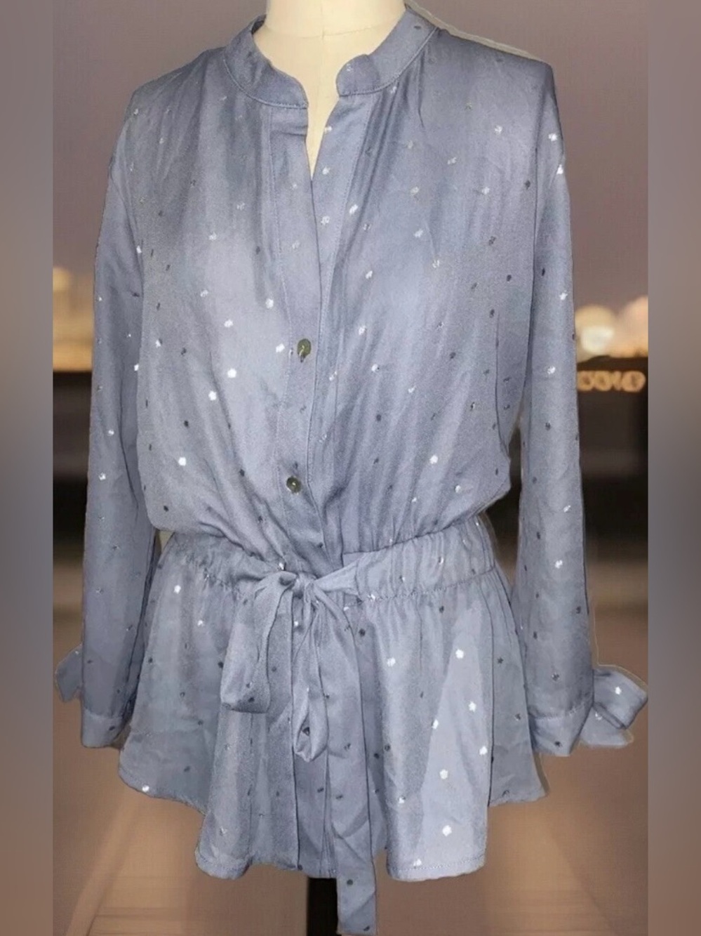 Sweet Rain Young Contemporary - NEW -Polka Dot Peplum Blouse in slate/light blue